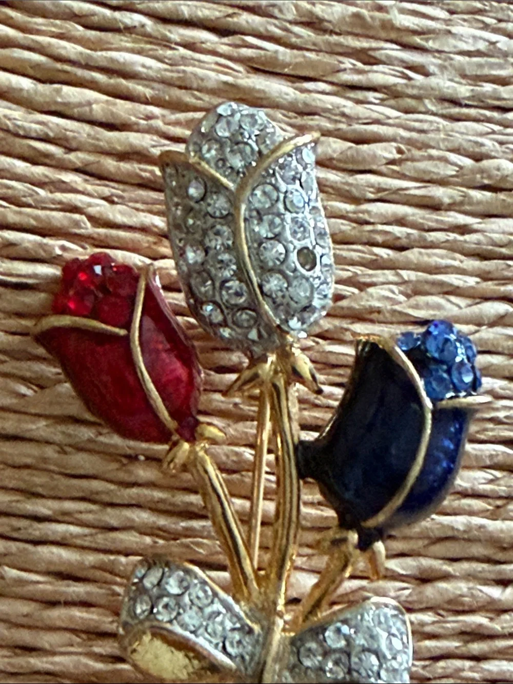 Red white and blue crystal roses bouquet with a pave crystal bow brooch
